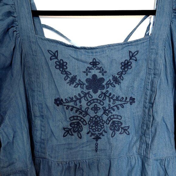 Blue Flutter-Sleeve Tie-Back Chambray Midi Dress Size 4X - Picture 3 of 6